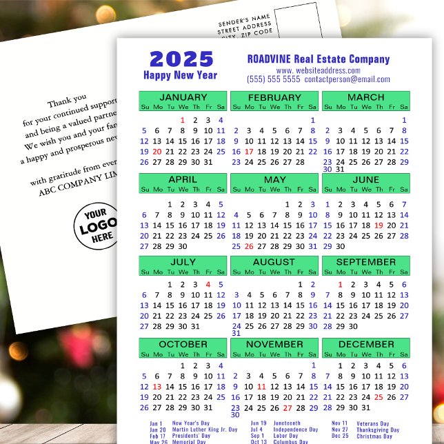 2025 Calendar Modern Blue Green Business Logo Holiday Postcard (Creator Uploaded)