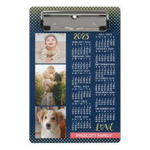 2025 Calendar Navy Coral Gold Family Photo Collage Mini Clipboard