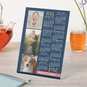 2025 Calendar Navy Coral Gold Family Photo Collage Pedestal Sign