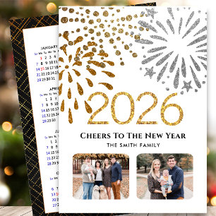 2025 Calendar New Year Firework Gold Family Photo Holiday Card