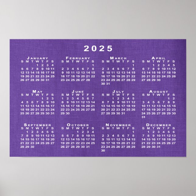 2025 Calendar on Purple Linen Texture Photo Poster (Front)