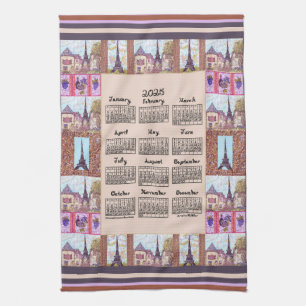 2025 Calendar Paris Eiffel Tower Pointillism Art Kitchen Towel