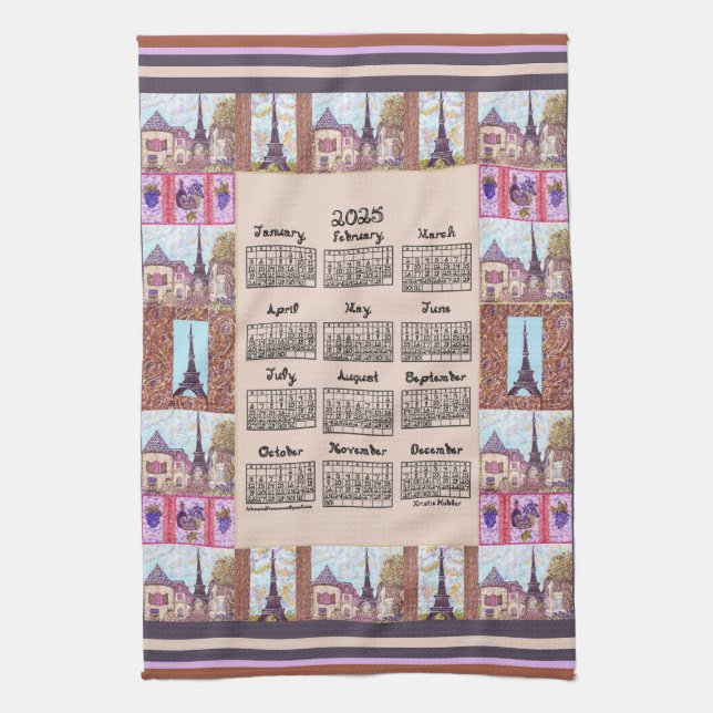 2025 Calendar Paris Eiffel Tower Pointillism Art Kitchen Towel (Vertical)