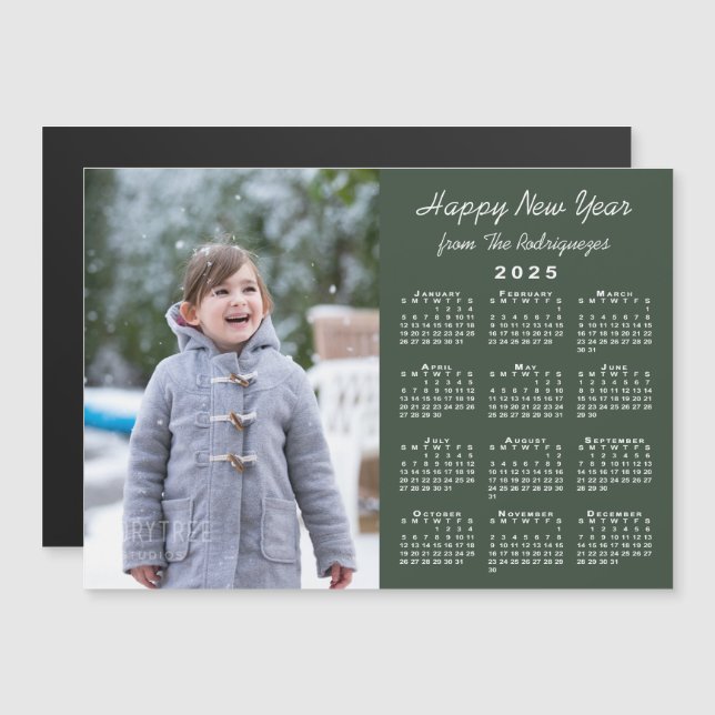 2025 Calendar Photo Happy New Year Green Magnet (Front/Back)
