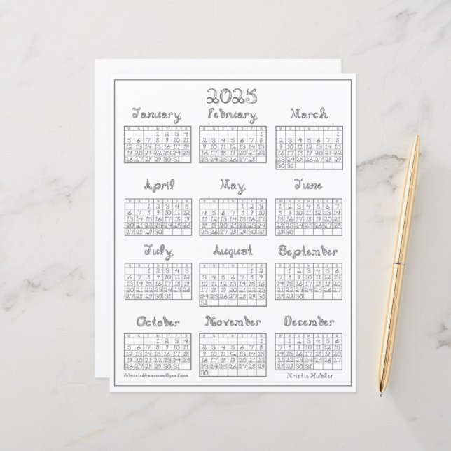 2025 Calendar Printable Silver Grey Fabric Font (Front/Back In Situ)