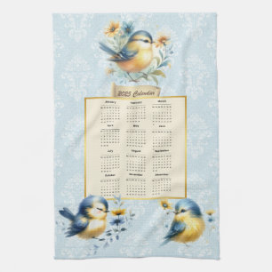 2025 Calendar Towel Cute Folk Birds Blue Damask