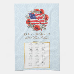 2025 Calendar Towel God Bless America Flag Poppies