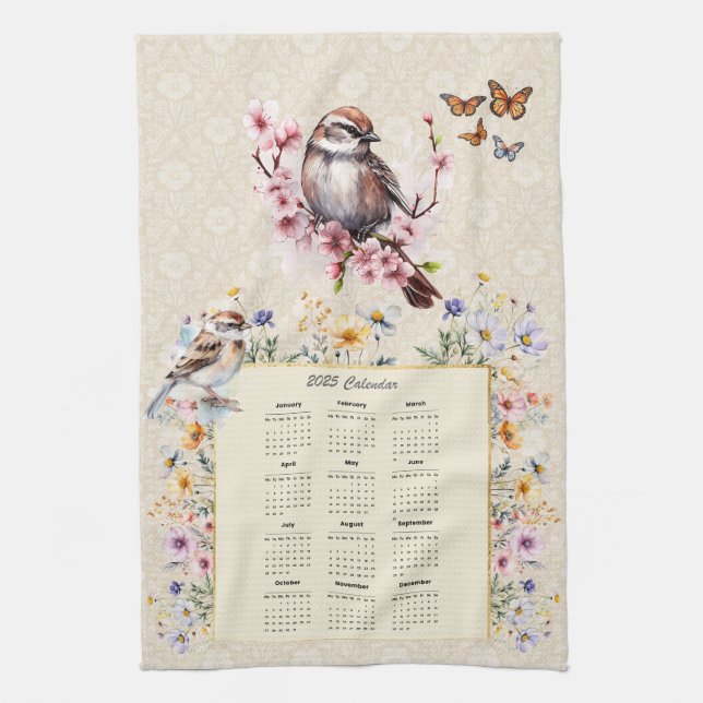 2025 Calendar Towel Sparrow with Wildflowers  (Vertical)