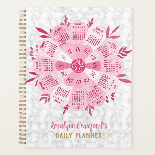 2025 Calendar Unique Boho Pink Flower Custom Name Planner (Front)
