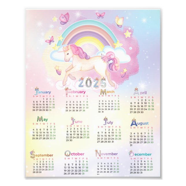 2025 Calendar Watercolor Unicorn Pink Rainbow Photo Print (Front)