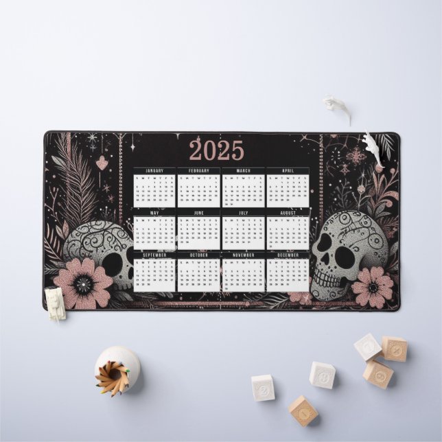 2025 Calendar with Flowers and Skulls Desk Mat (Kids Table)