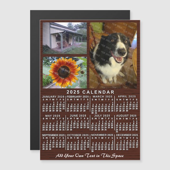 2025 Calendar Year Wood Grain Custom 3 Photos Magnetic Invitation (Front/Back)
