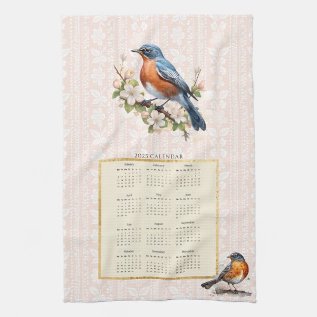 2025 Calendrier Serviette Robin Oiseau Pêcher Dama (Vertical)