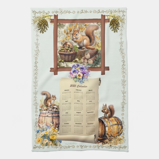 2025 Calendrier Serviettes écureuils Pansies Acorn (Vertical)