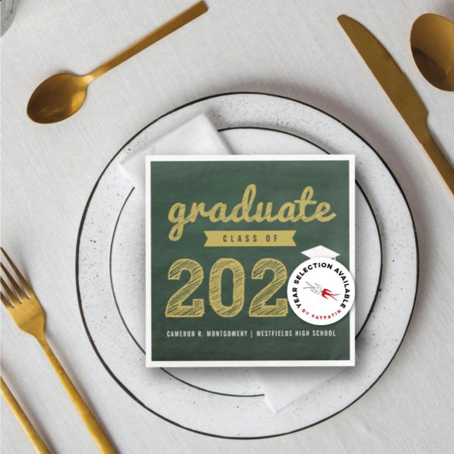 2025 Chalkboard Bold Sketch Graduation Party Paper Napkin (Class of 20YY Chalkboard Bold Gold Sketch Graduation Party Paper Napkin @ zazzle.com/color_therapy)