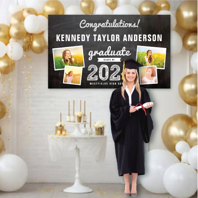 2025 Chalkboard Sketch 4 Photo Graduation Party Banner (2024 Black Chalkboard & White Sketch 4 Photo Graduation Party Banner @ www.zazzle.com/color_therapy)