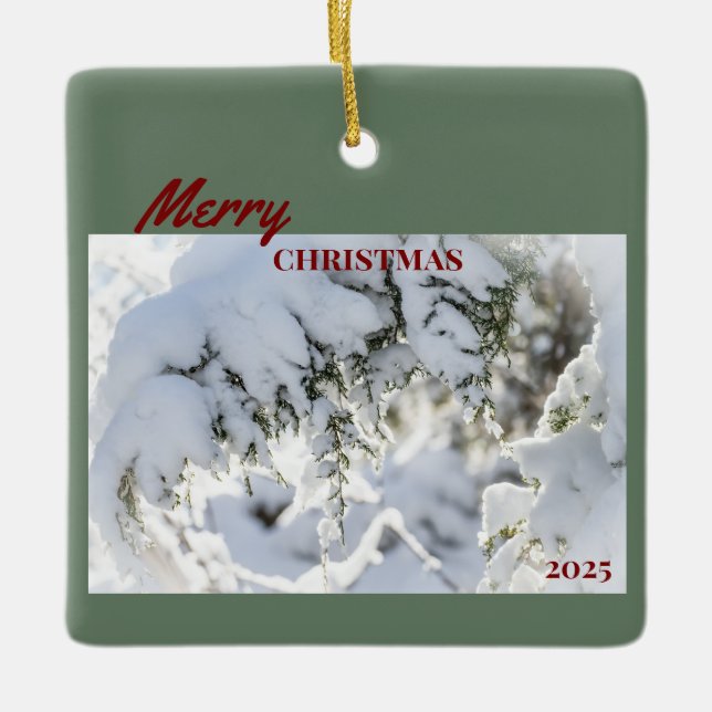2025 Christmas Ornament:  Snow-covered Evergreen Ceramic Ornament (Front)