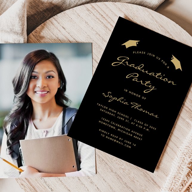 2025 Classic Modern Black Gold Graduation Party Invitation (Creator Uploaded)