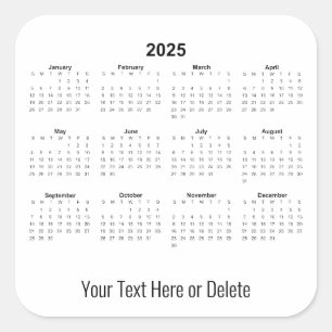 2025 Custom Text at Bottom Monthly Calendar     Square Sticker