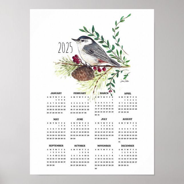 2025 Cute Nuthatch Poster Calendar (Front)