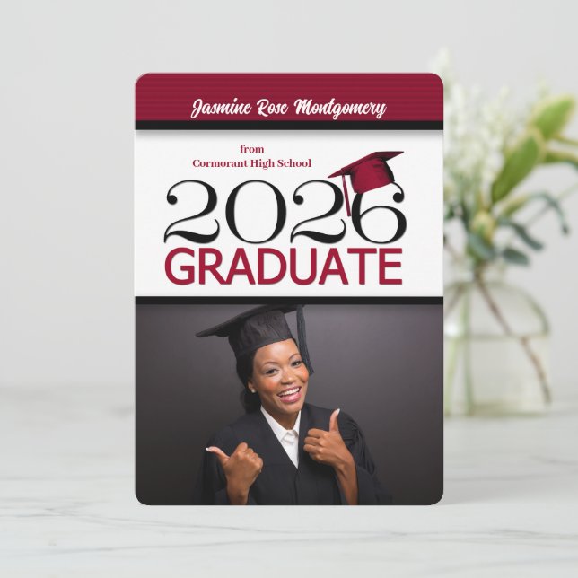 2025 Deep Red and Black Photo Graduation Invitation (Standing Front)