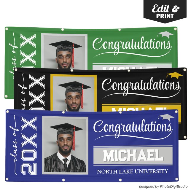 2025 Editable Graduation Banner with Name & School (2025 Editable Graduation Banner with Name & School, Blue and Silver Banner Outdoor Horizontal)