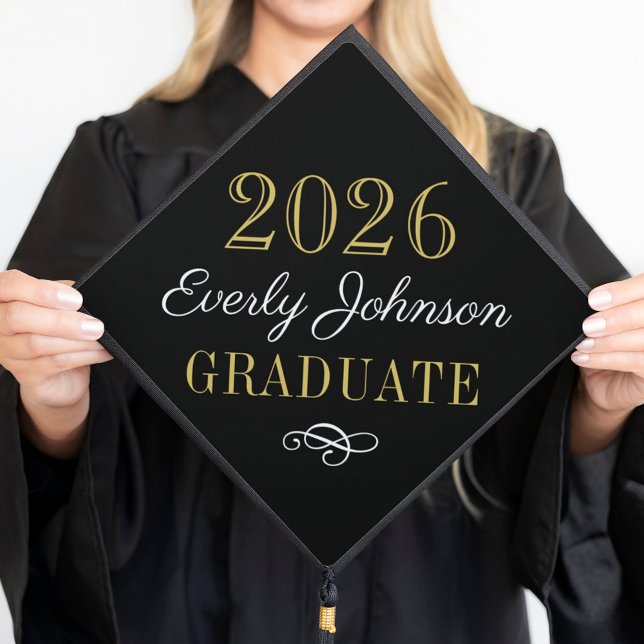 2025 Elegant Black and Gold Custom Graduation Cap Topper (Creator Uploaded)