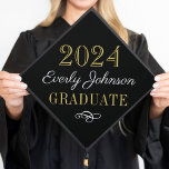 2025 Elegant Black and Gold Custom Graduation Cap Topper<br><div class="desc">Stylish graduation cap topper features your graduate's name in script with a scroll design accent. The classic black,  white,  and gold colour scheme can be completely customized.</div>