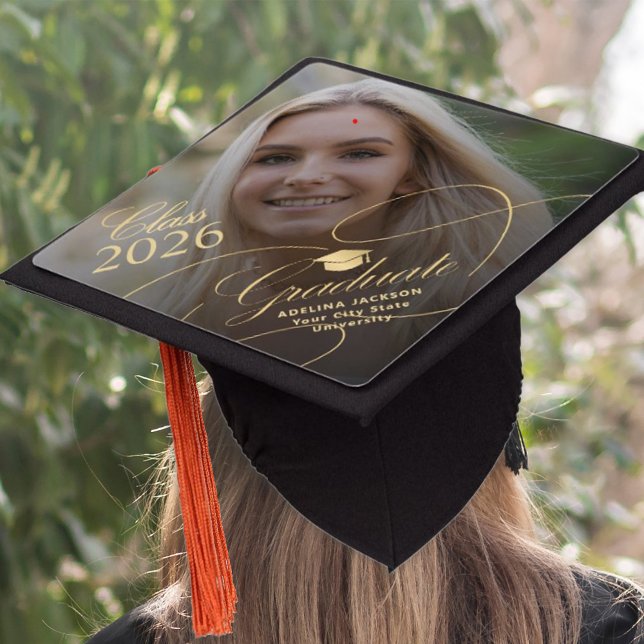 2025 elegant gold script graduate photo graduation cap topper (Creator Uploaded)