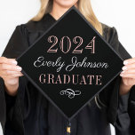 2025 Elegant Rose Gold Custom Graduation Cap Topper<br><div class="desc">Girly graduation cap topper features your graduate's name in script with scroll design accent. The stylish rose gold black,  white,  and blush pink / rose gold colour scheme can be completely customized.</div>