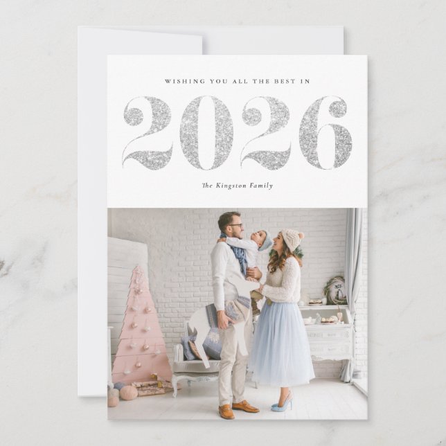 2025 Faux Silver Glitter Modern Happy New Year Holiday Card (Front)
