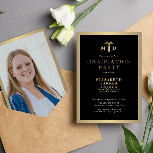 2025 gold black elegant MD photo graduation party Invitation (Creator Uploaded)