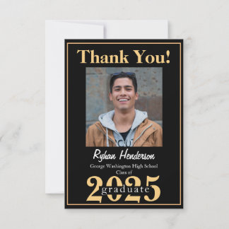 2025 Grad Bold Gold Black Photo Thank you Card