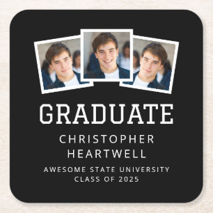 2025 Graduate 3-Photo Black and White Square Paper Coaster