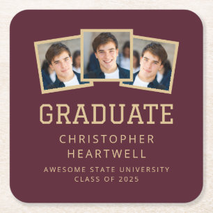 2025 Graduate 3-Photo Burgundy Gold Square Paper Coaster