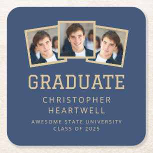 2025 Graduate 3-Photo Navy Blue Gold Square Paper Coaster