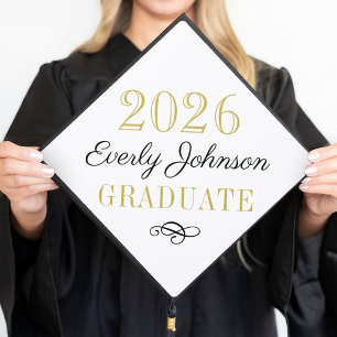 2025 Graduate Elegant Black and Gold Custom Graduation Cap Topper