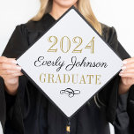 2025 Graduate Elegant Black and Gold Custom Graduation Cap Topper<br><div class="desc">Stylish graduation cap topper features your graduate's name in script with a floral rose design accent. The classic black,  gold,  and white colour scheme can be completely customized.</div>