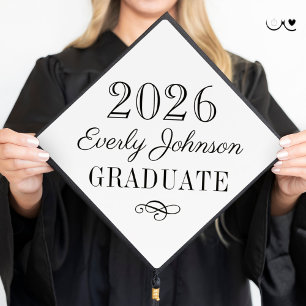 2025 Graduate Elegant Black and White Custom Graduation Cap Topper