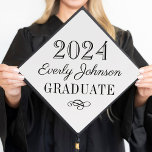 2025 Graduate Elegant Black and White Custom Graduation Cap Topper<br><div class="desc">Stylish graduation cap topper features your graduate's name in script with a scroll design accent. The classic black and white colour scheme can be completely customized.</div>