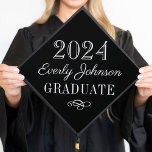 2025 Graduate Elegant Black and White Custom Graduation Cap Topper<br><div class="desc">Stylish graduation cap topper features your graduate's name in script with a scroll design accent. The classic black and white colour scheme can be completely customized.</div>