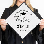 2025 Graduate Minimalist Black Custom Graduation Cap Topper<br><div class="desc">Stylish custom graduation cap topper design features modern and minimalistic style congratulations wording that can be personalized with your graduate's name in script and their graduation class year. Note,  black text / grad cap image and white background colours can be modified.</div>
