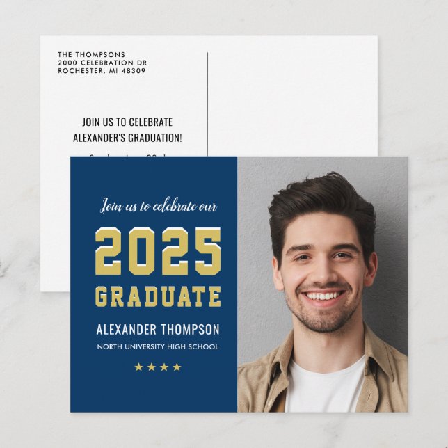 2025 Graduate Navy Gold Graduation Party Photo Invitation Postcard (Front/Back)