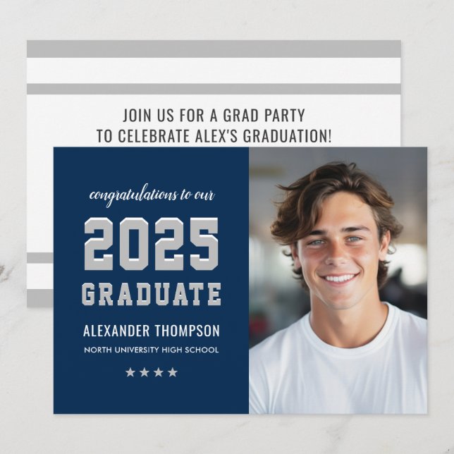 2025 Graduate Navy Gray Graduation Party Photo  Invitation (Front/Back)