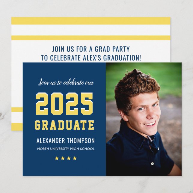2025 Graduate Navy Yellow Graduation Party Photo Invitation (Front/Back)