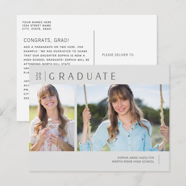 2025 Graduate Neutral Grey Photo Graduation Postcard (Front/Back)