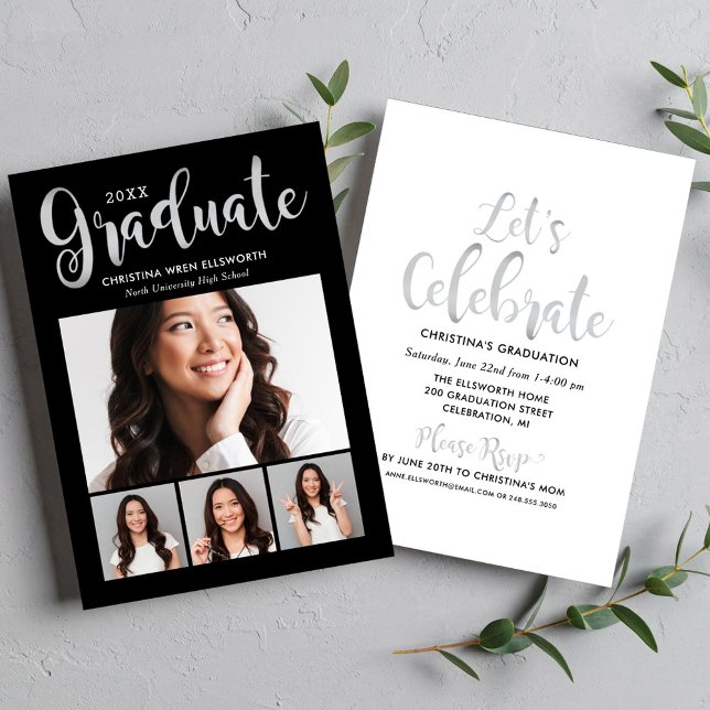 2025 Graduate Silver Script Photo Collage Party Invitation (Creator Uploaded)