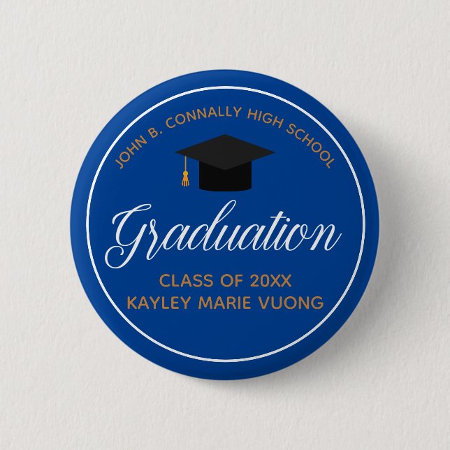 2025 Graduation Blue Gold Custom High School Name 2 Inch Round Button (Front)