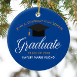 2025 Graduation Blue Gold Custom High School Name Ceramic Ornament<br><div class="desc">This royal blue custom senior graduation Christmas ornament gift features chic white and gold typography under a high school or college name for the class of 2025. Customize with your graduating year under the lovely calligraphy for a great personalized graduate present.</div>