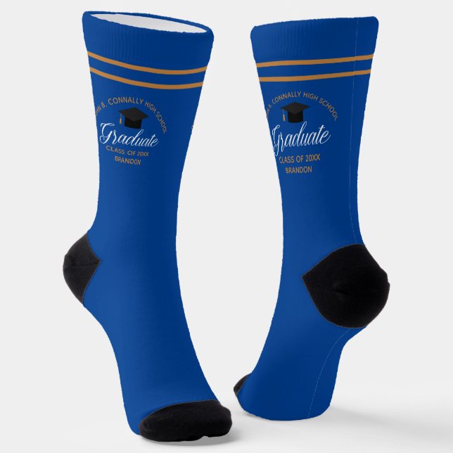 2025 Graduation Blue Gold Custom High School Socks (Angled)
